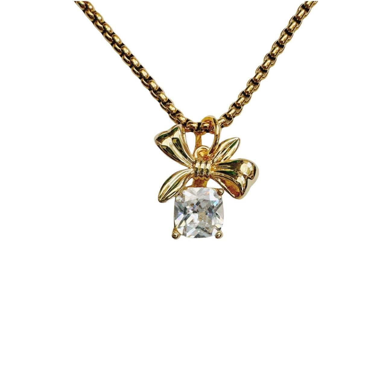 Gold Rhinestone Bow Necklace