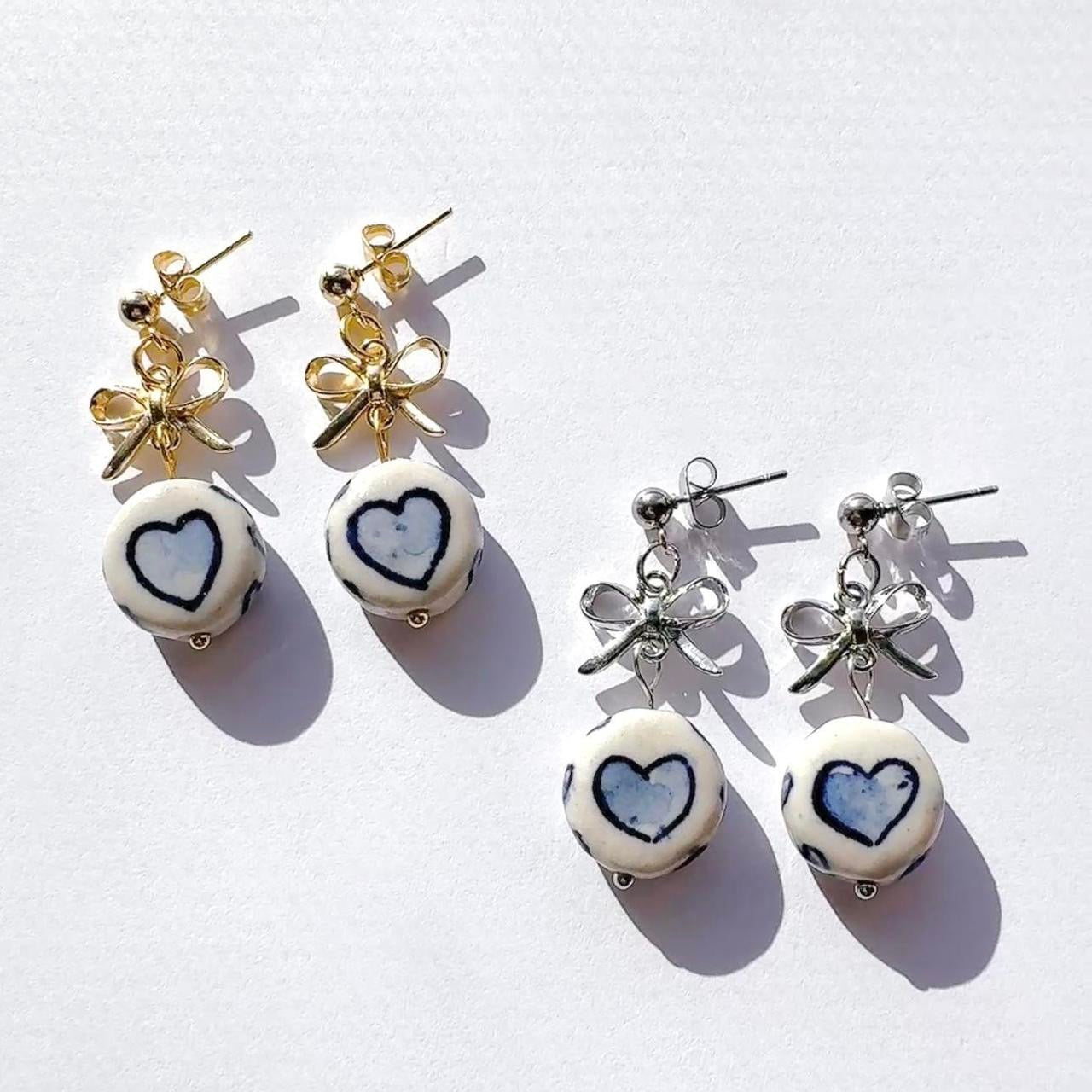 Gold Bow & Porcelain Heart Earrings