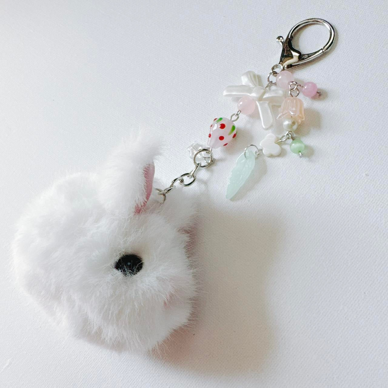 white fluffy bunny keychain - pink strawberry