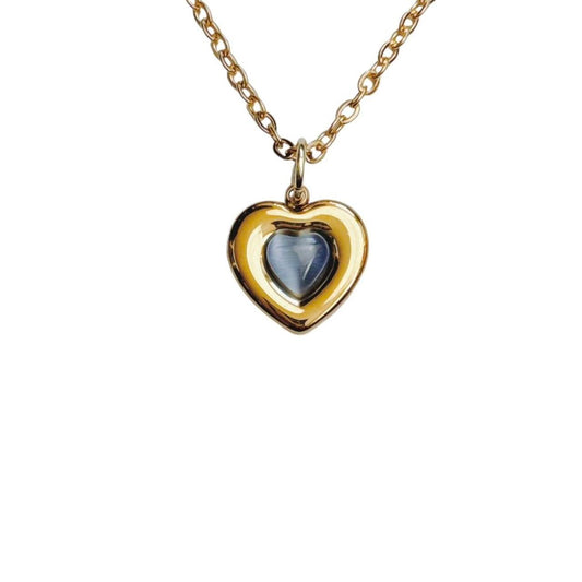 gold blue cats eye heart necklace