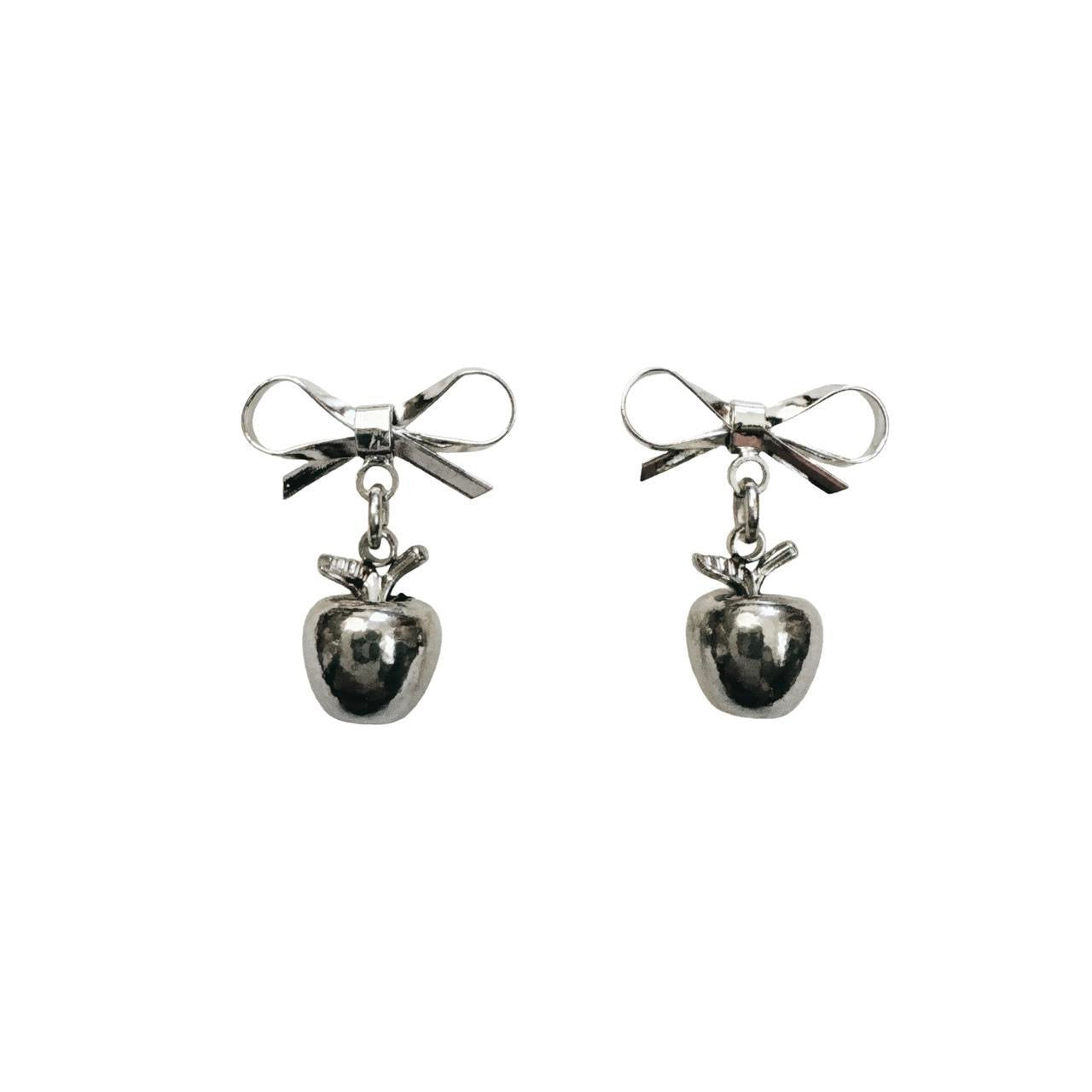 silver bow & apple earrings