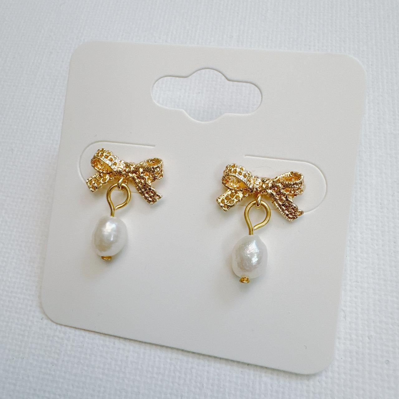 Gold Lace Bow & Pearl Earrings