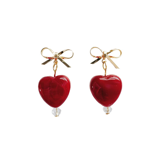 Gold Bow & Red Heart Earrings