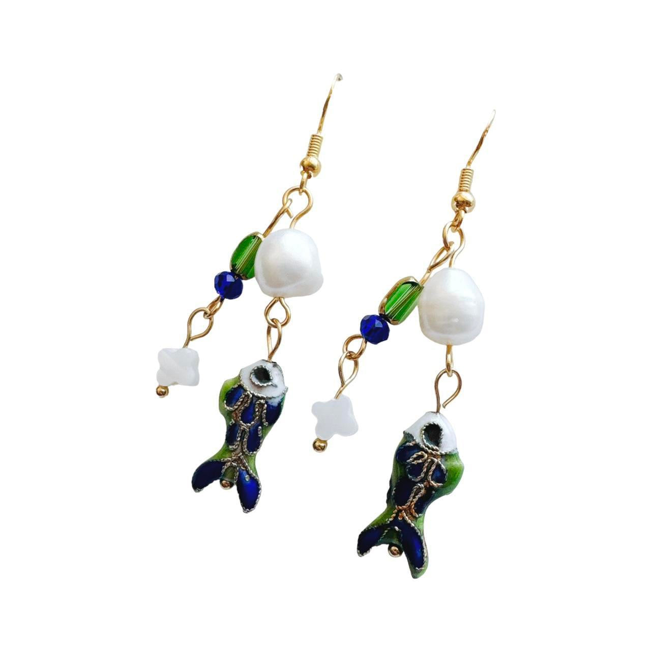 gold beaded fish earrings - blue