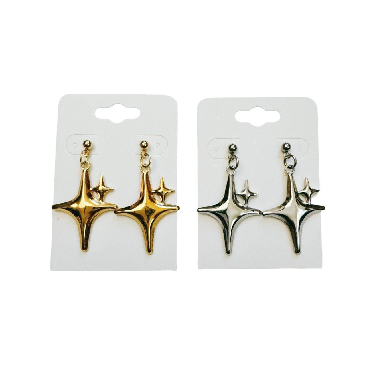 silver double sparkle star earrings