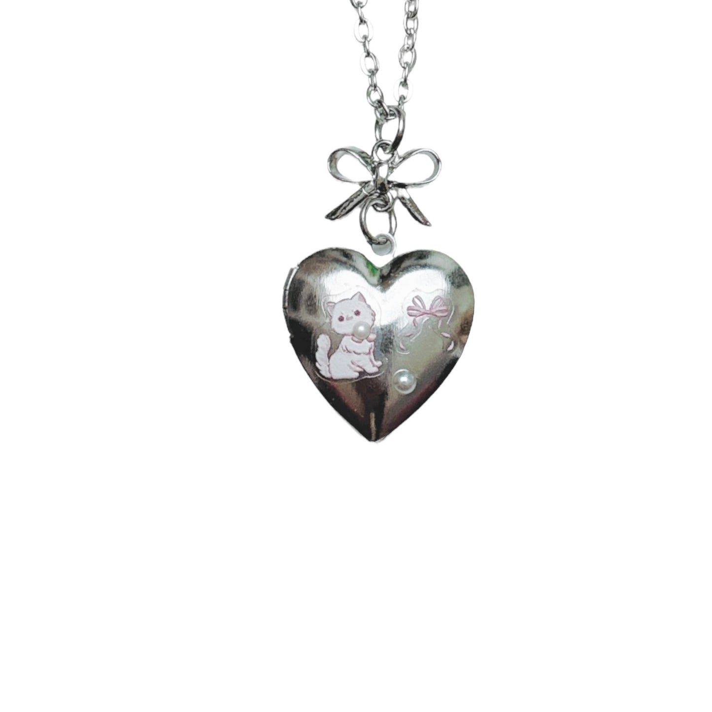 Silver Bow & Heart Locket - small pink bow version