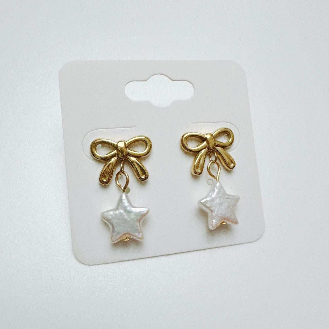 Gold Bow & Pearl Star Earrings