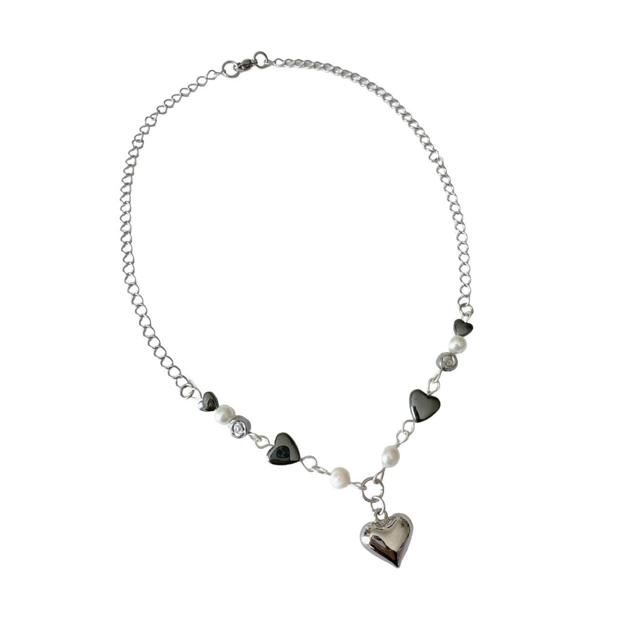 Silver Puffy Heart Beaded Necklace