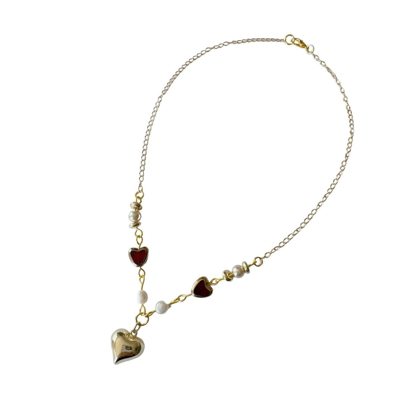 Gold Puffy Heart Beaded Necklace