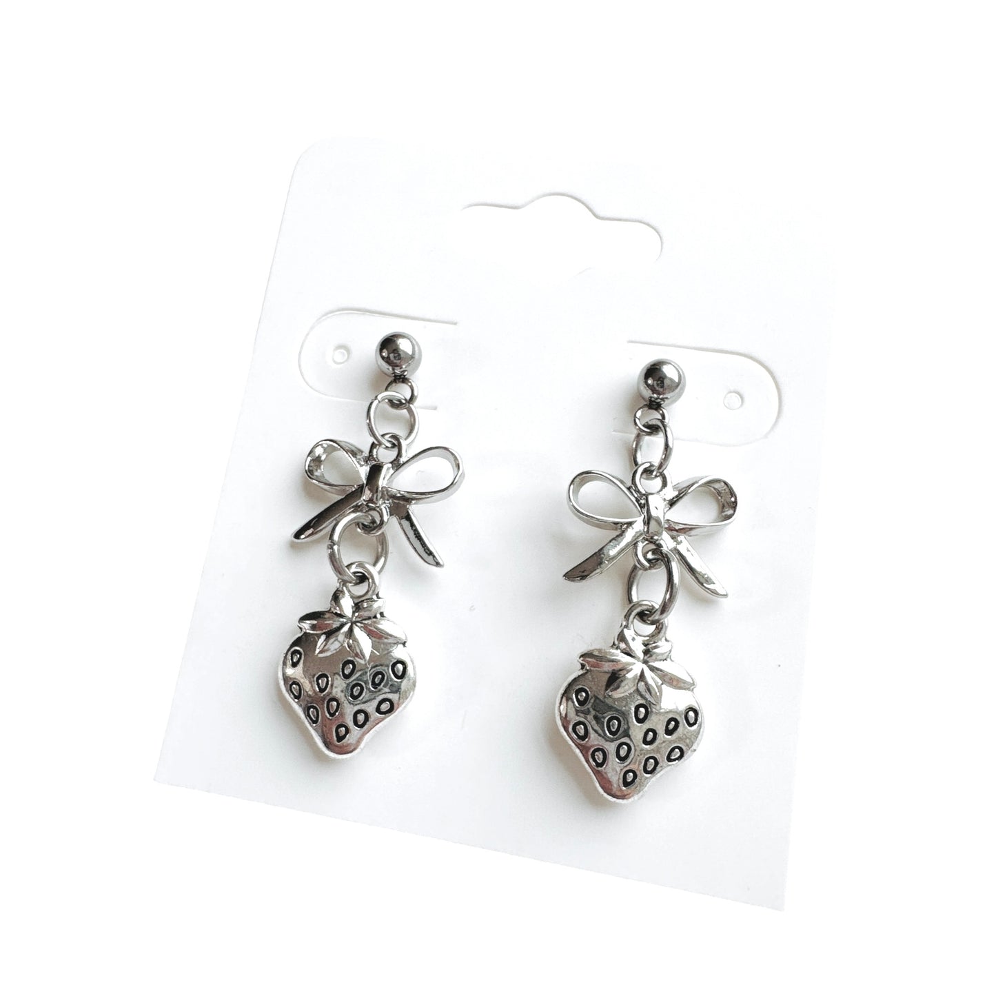 Silver Bow & Strawberry Earrings