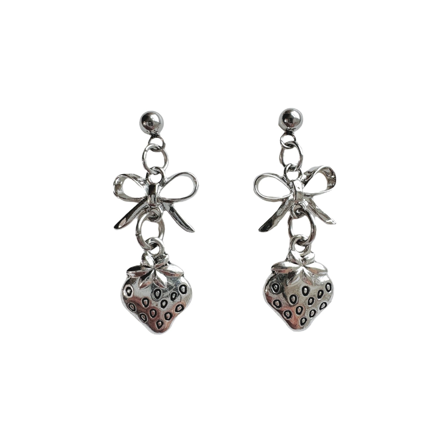 Silver Bow & Strawberry Earrings