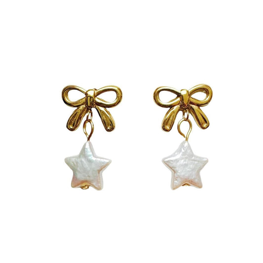 Gold Bow & Pearl Star Earrings