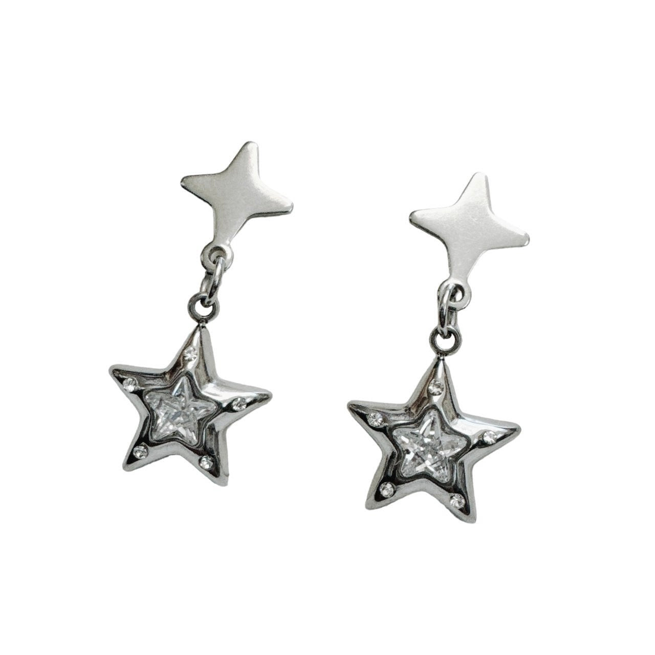 silver double rhinestone star earrings