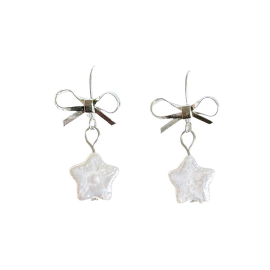 Silver Bow & Pearl Star Earrings