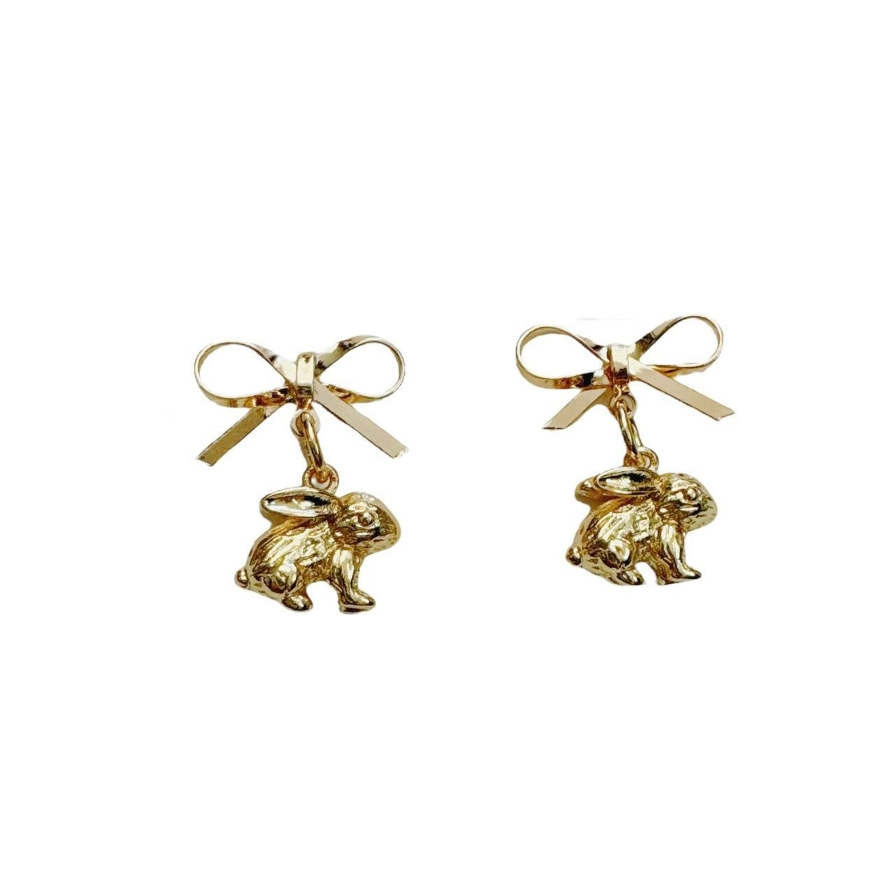 gold bow & bunny earrings