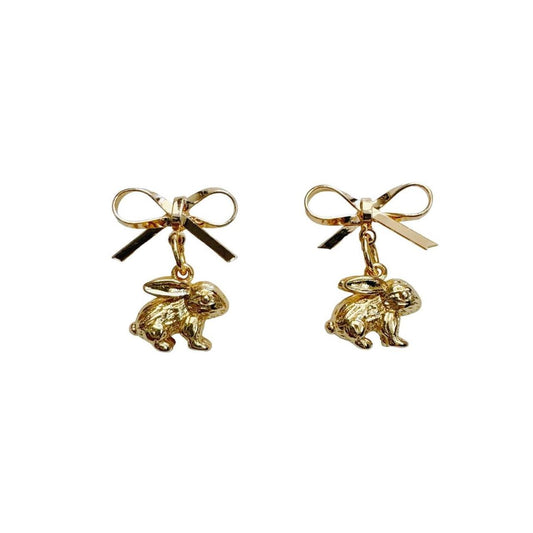 gold bow & bunny earrings