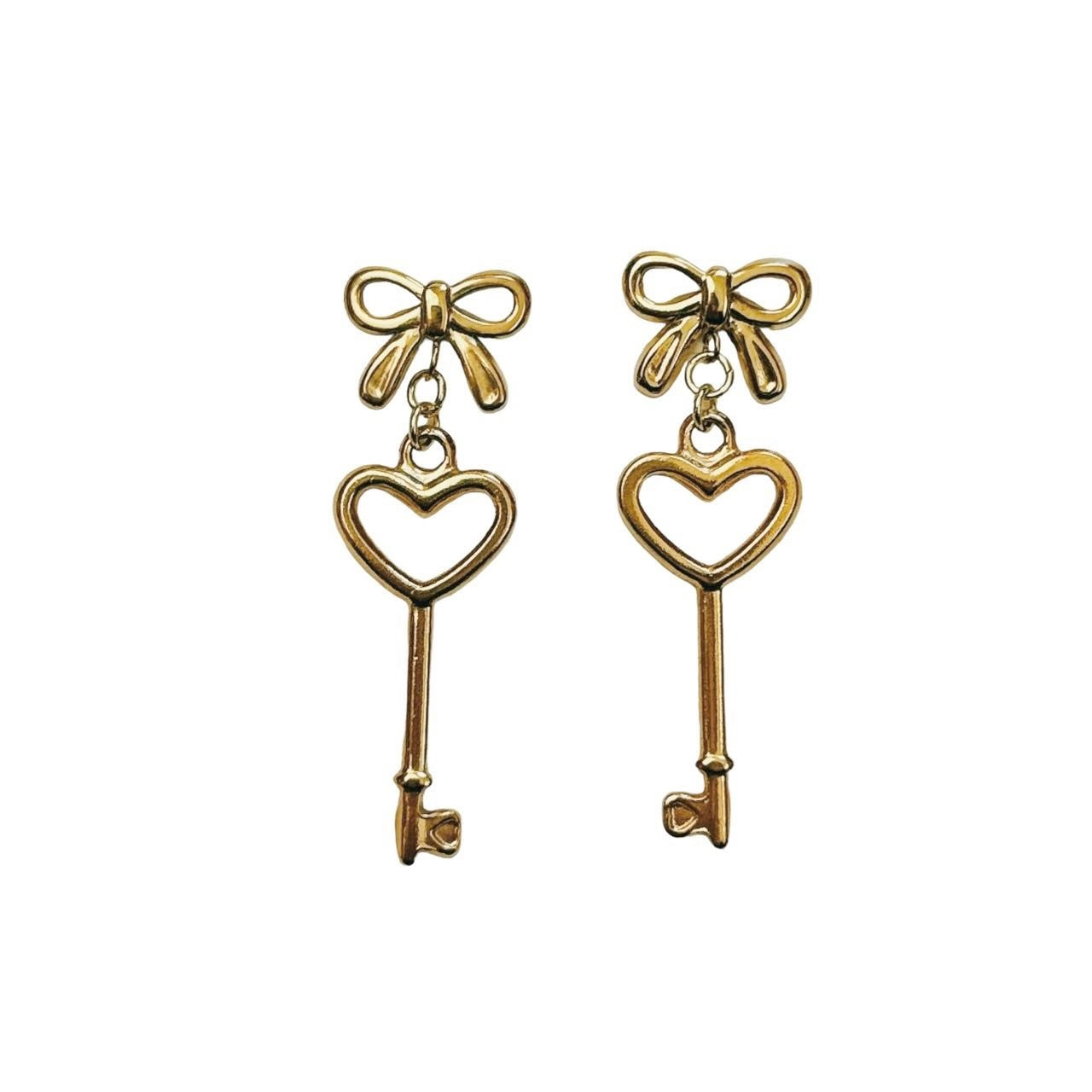 gold bow & heart key earrings