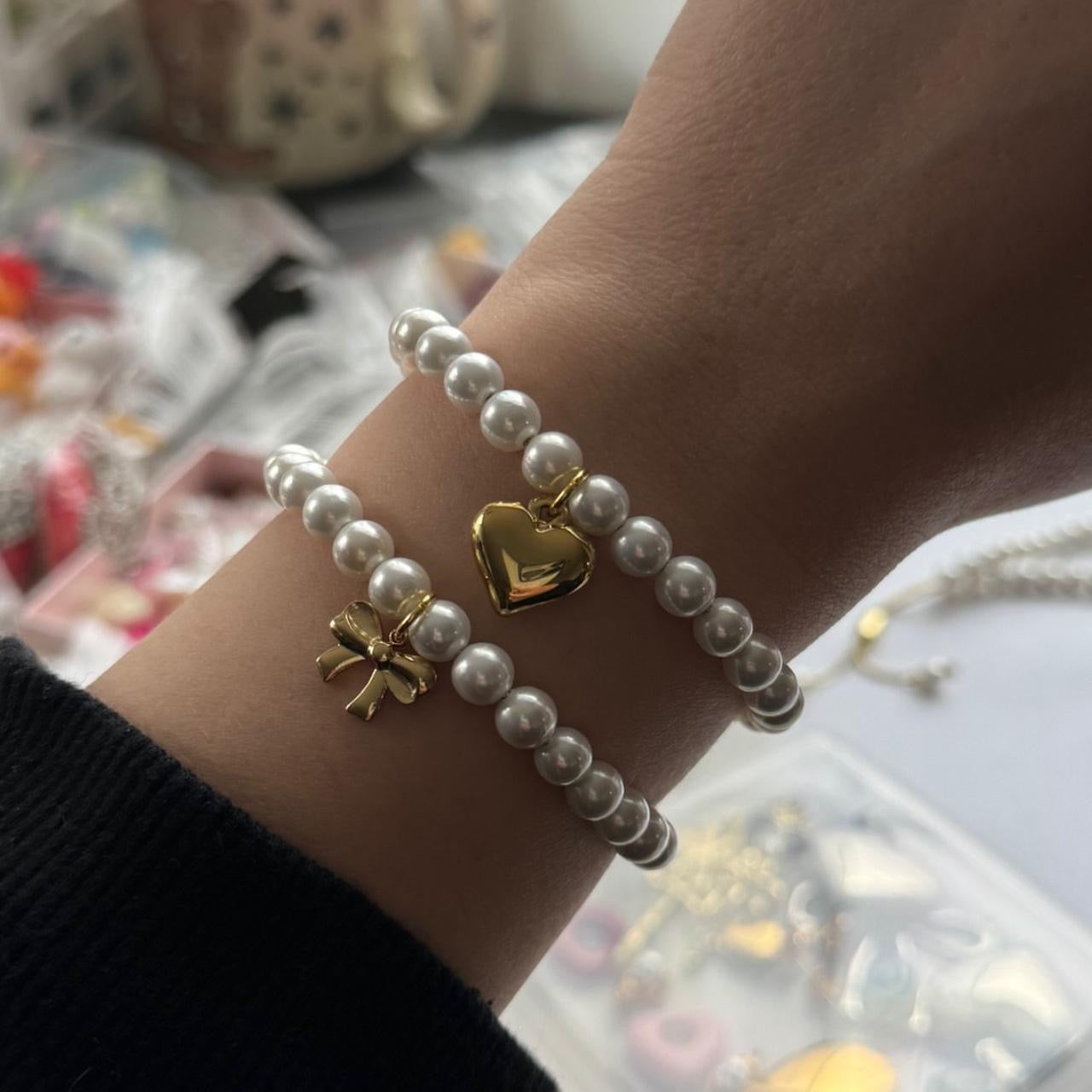 Gold Heart Pearl Slider Bracelet