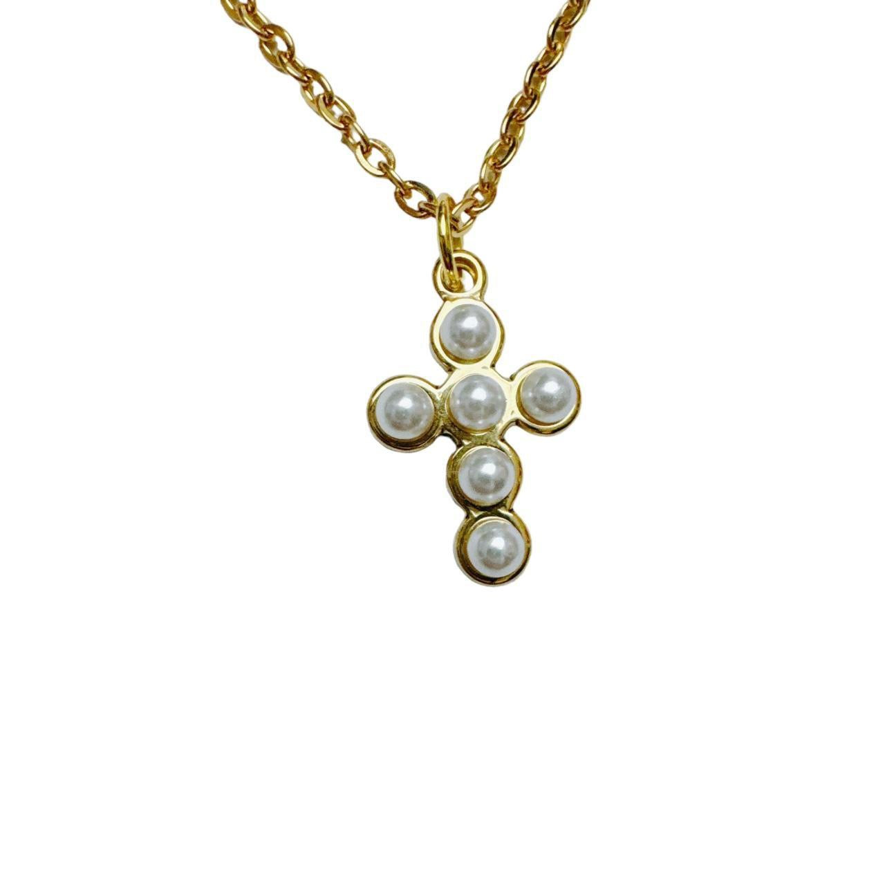 Gold Faux Pearl Cross Necklace