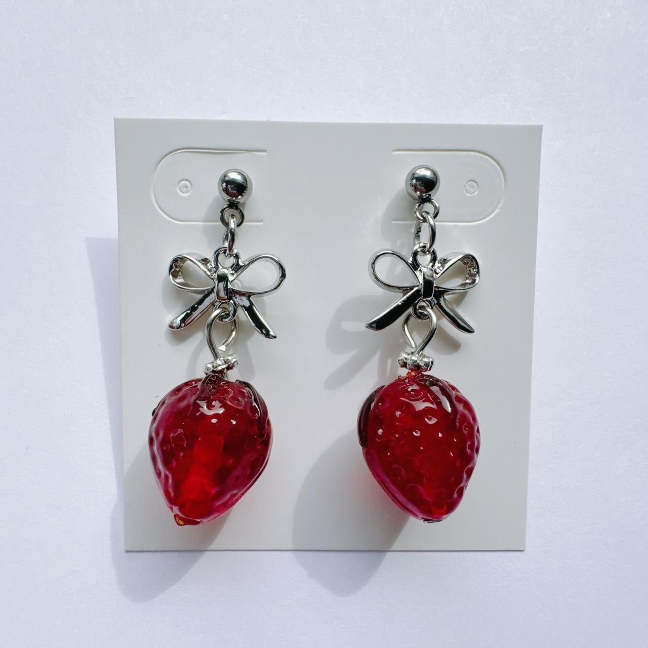 Silver Bow & Glass Strawberry Earrings