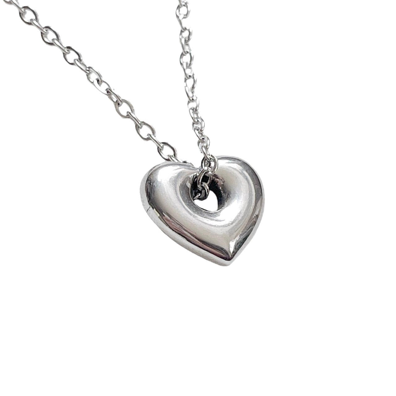 Silver Puffy Hollow Heart Necklace