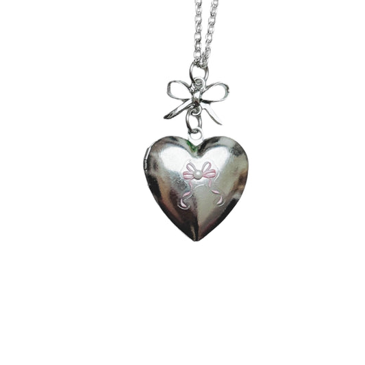 Silver Bow & Heart Locket - long pink bow version