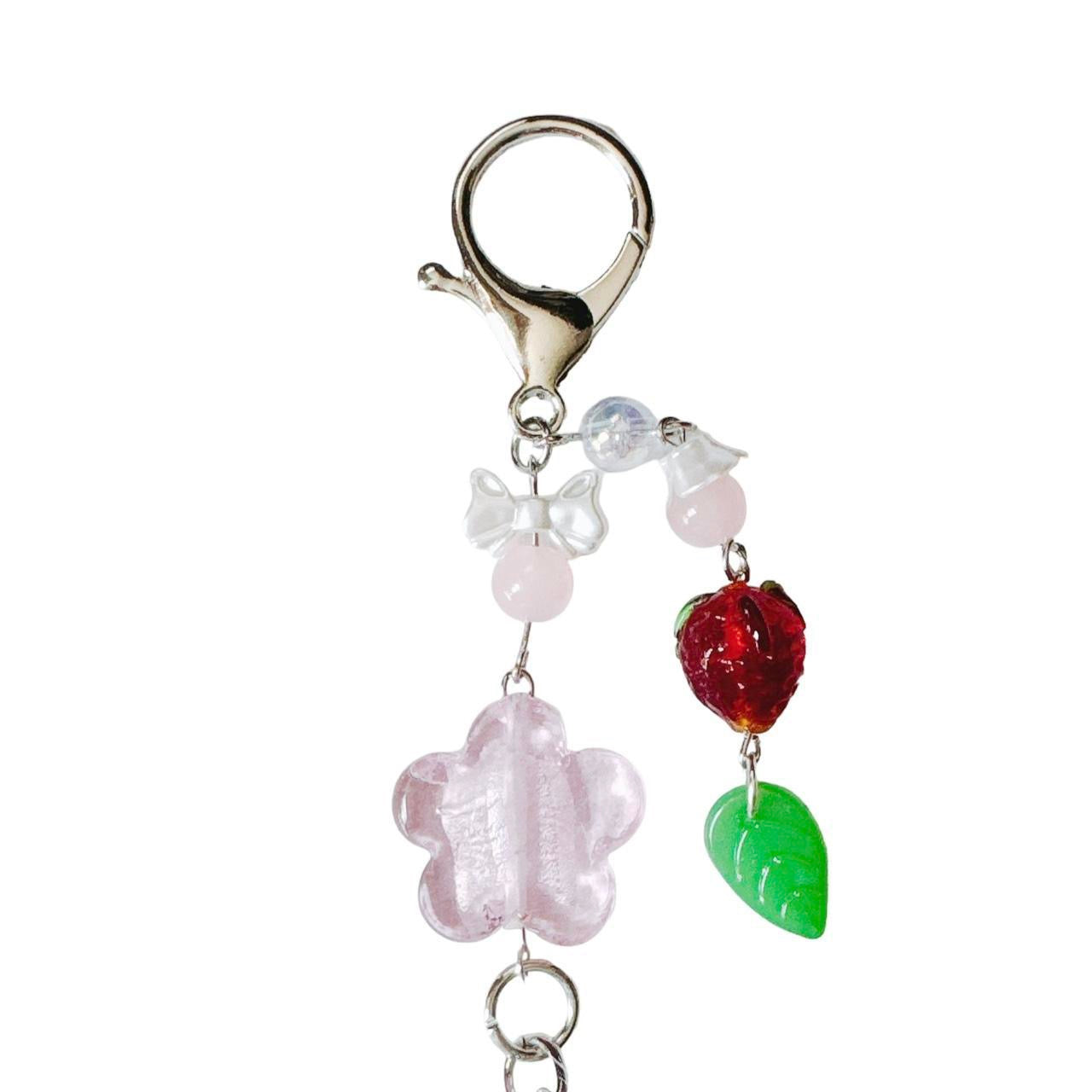 white fluffy bunny keychain - red strawberry