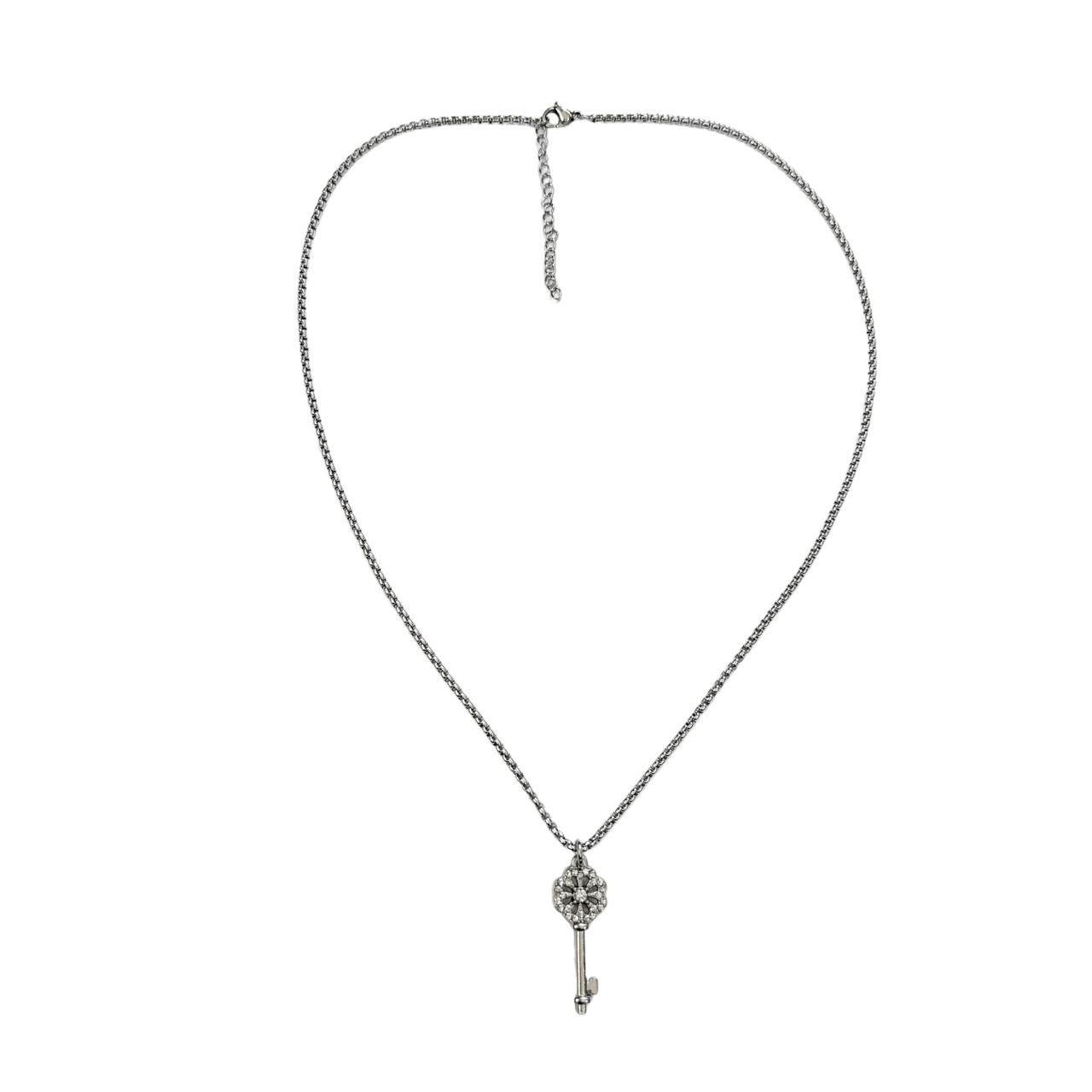 Silver Rhinestone Key Necklace