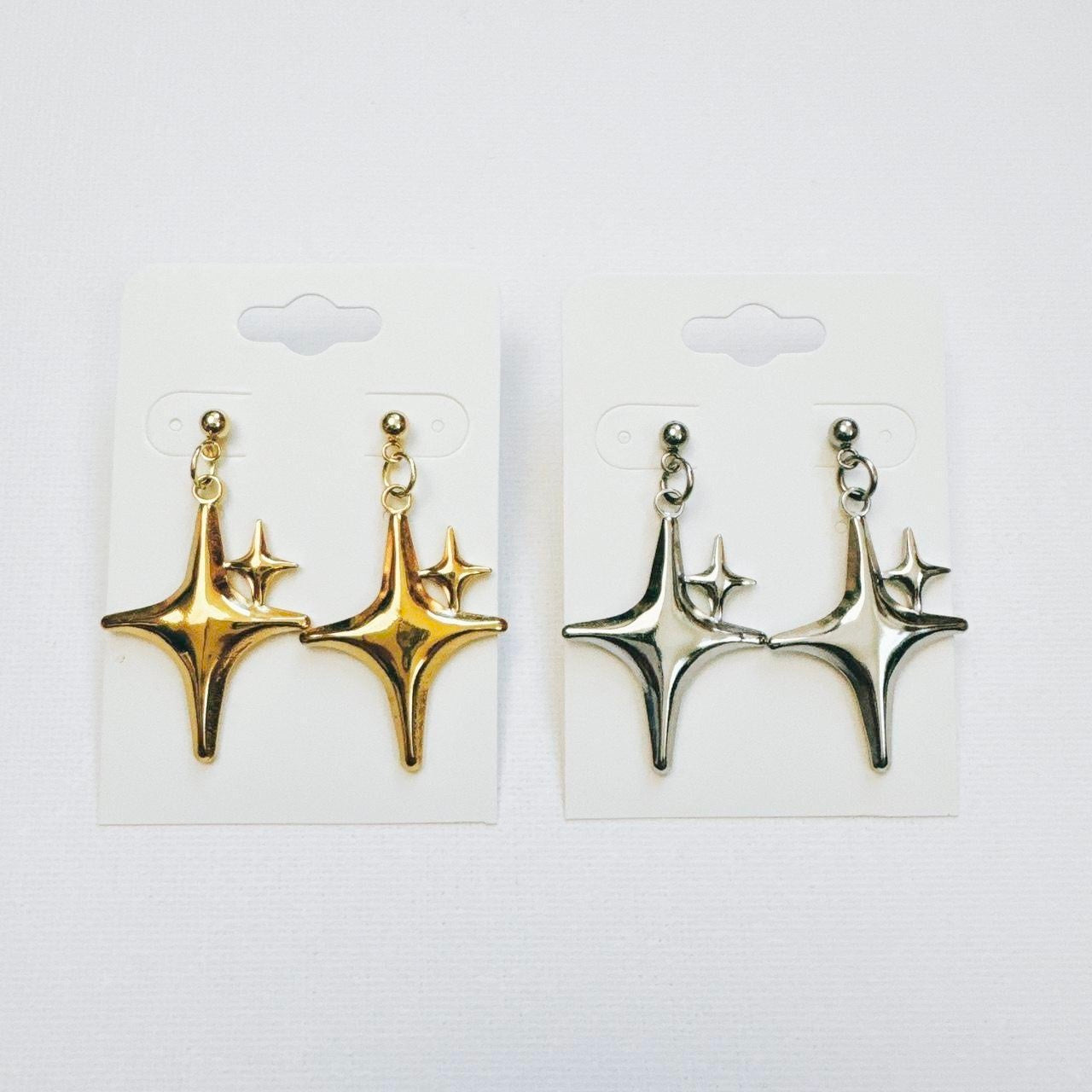 silver double sparkle star earrings