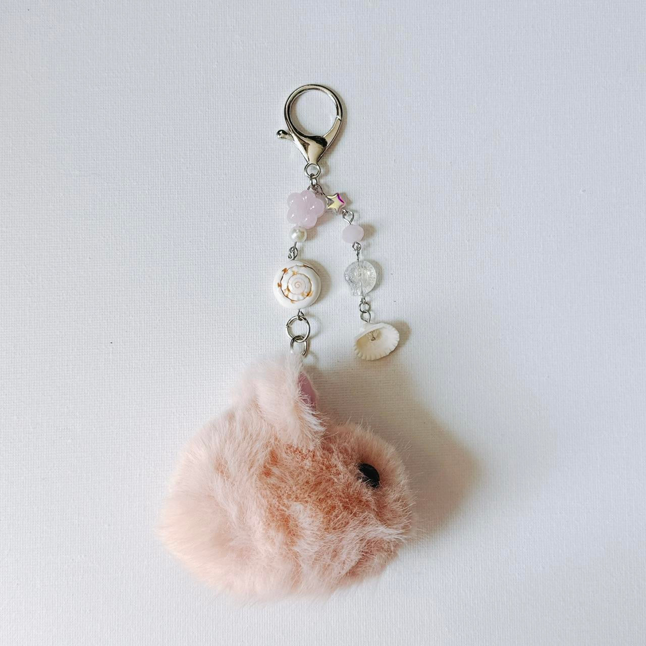 pink fluffy bunny keychain - seashells