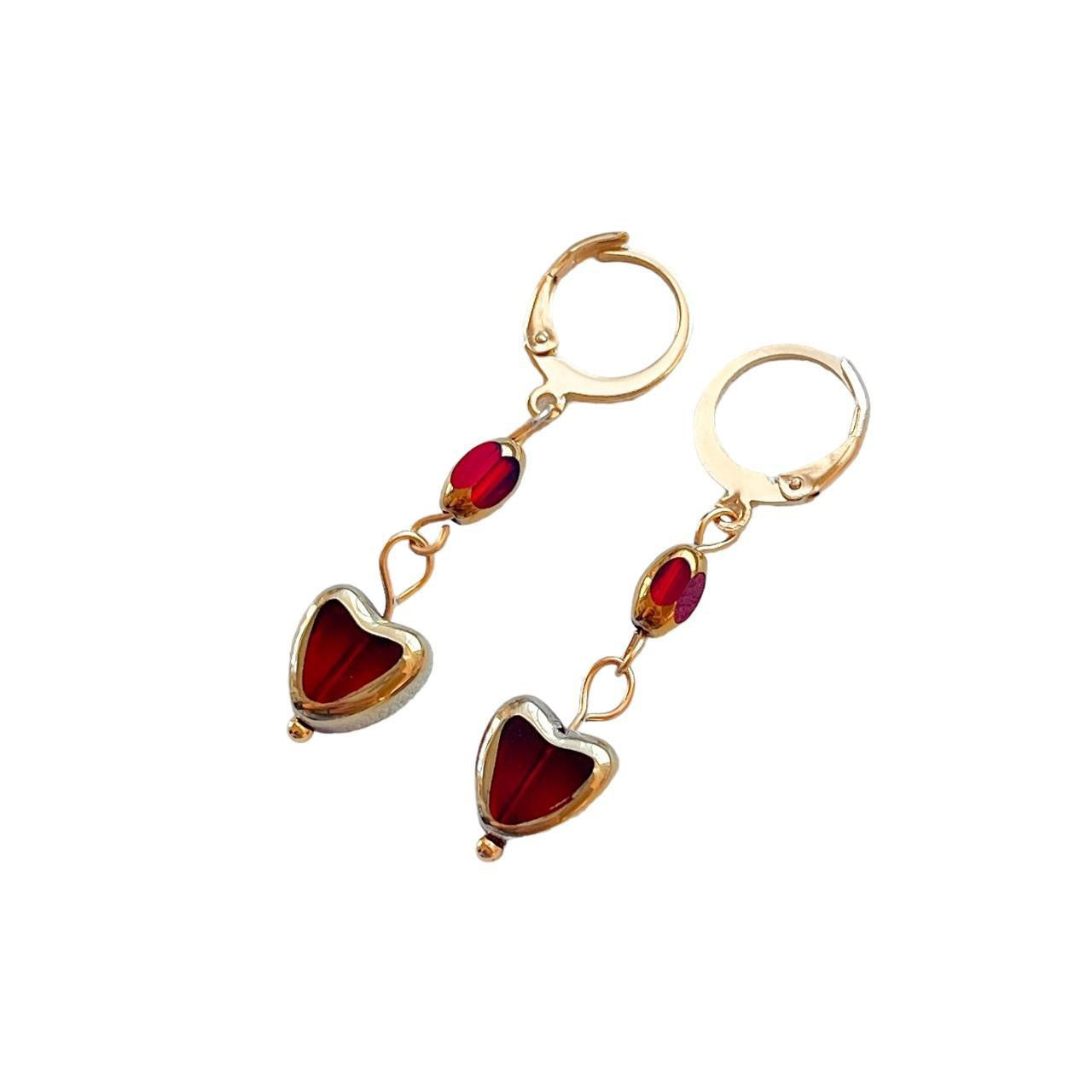 Gold Plated Red Glass Heart Earrings