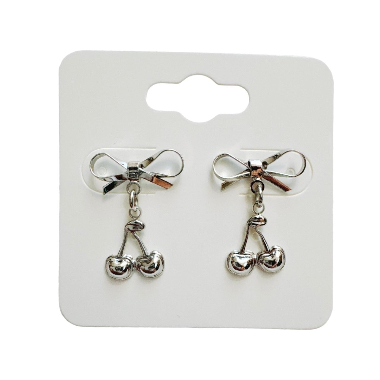 Silver Bow & Cherry Earrings