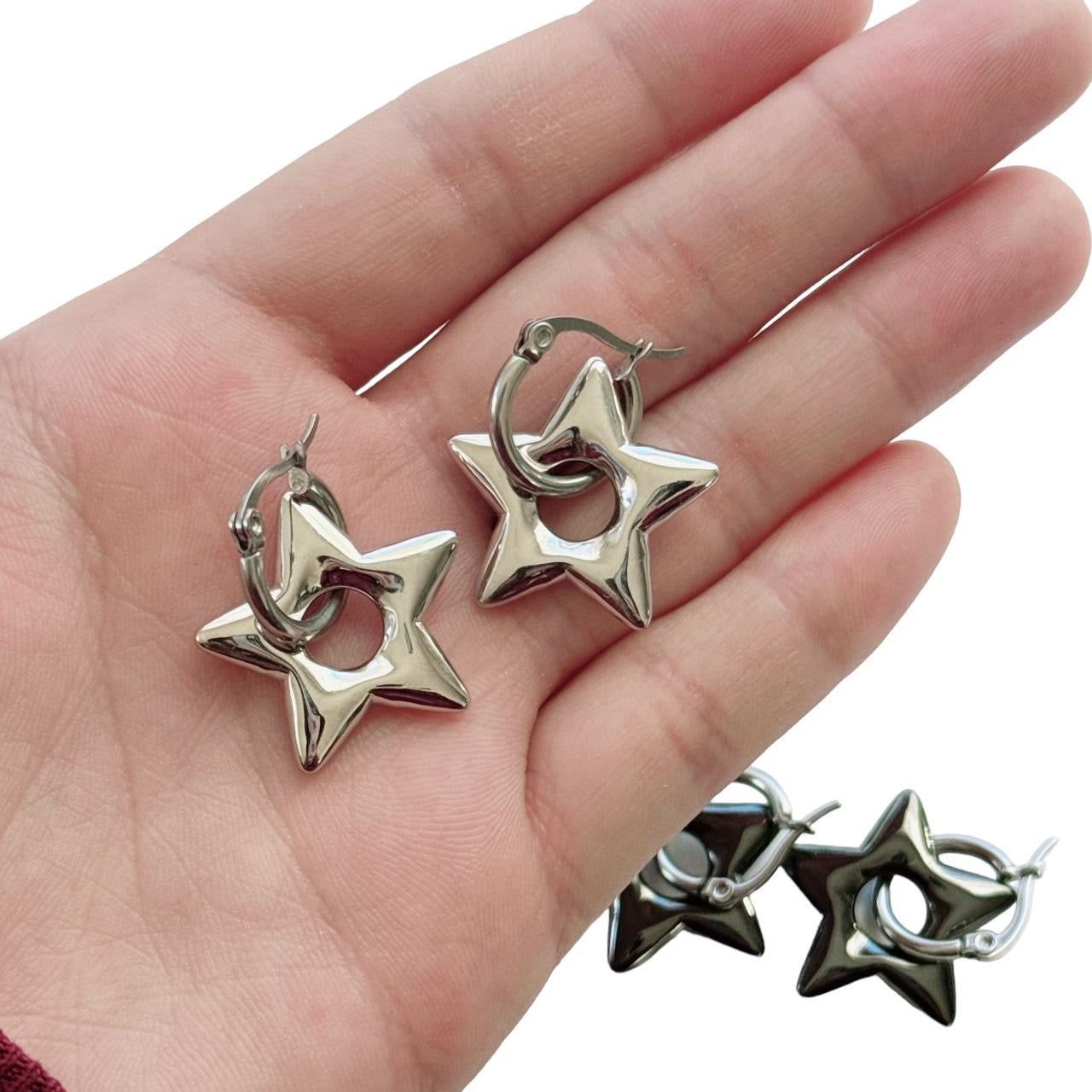 Silver Puffy Star Hoops