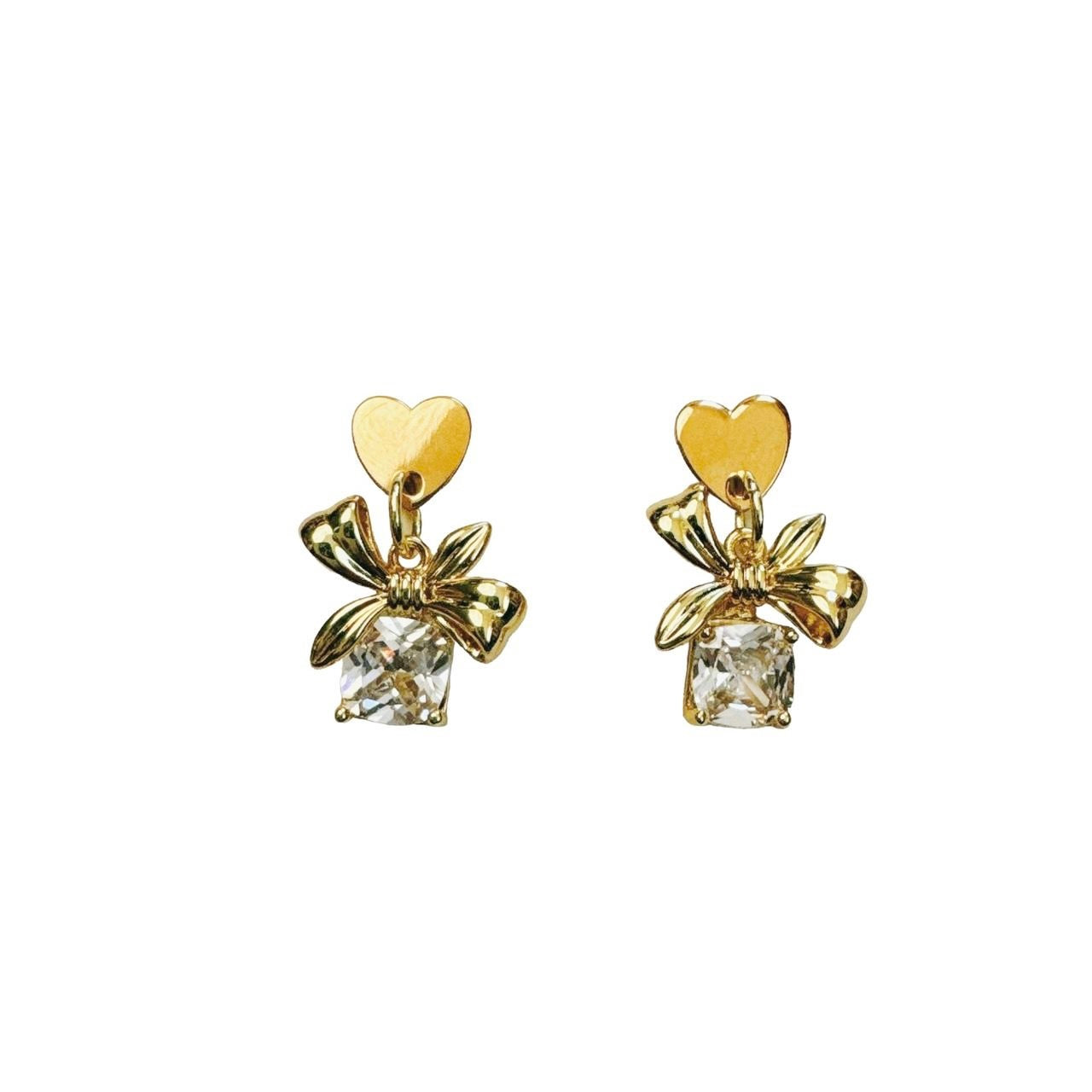 gold heart & rhinestone bow earrings