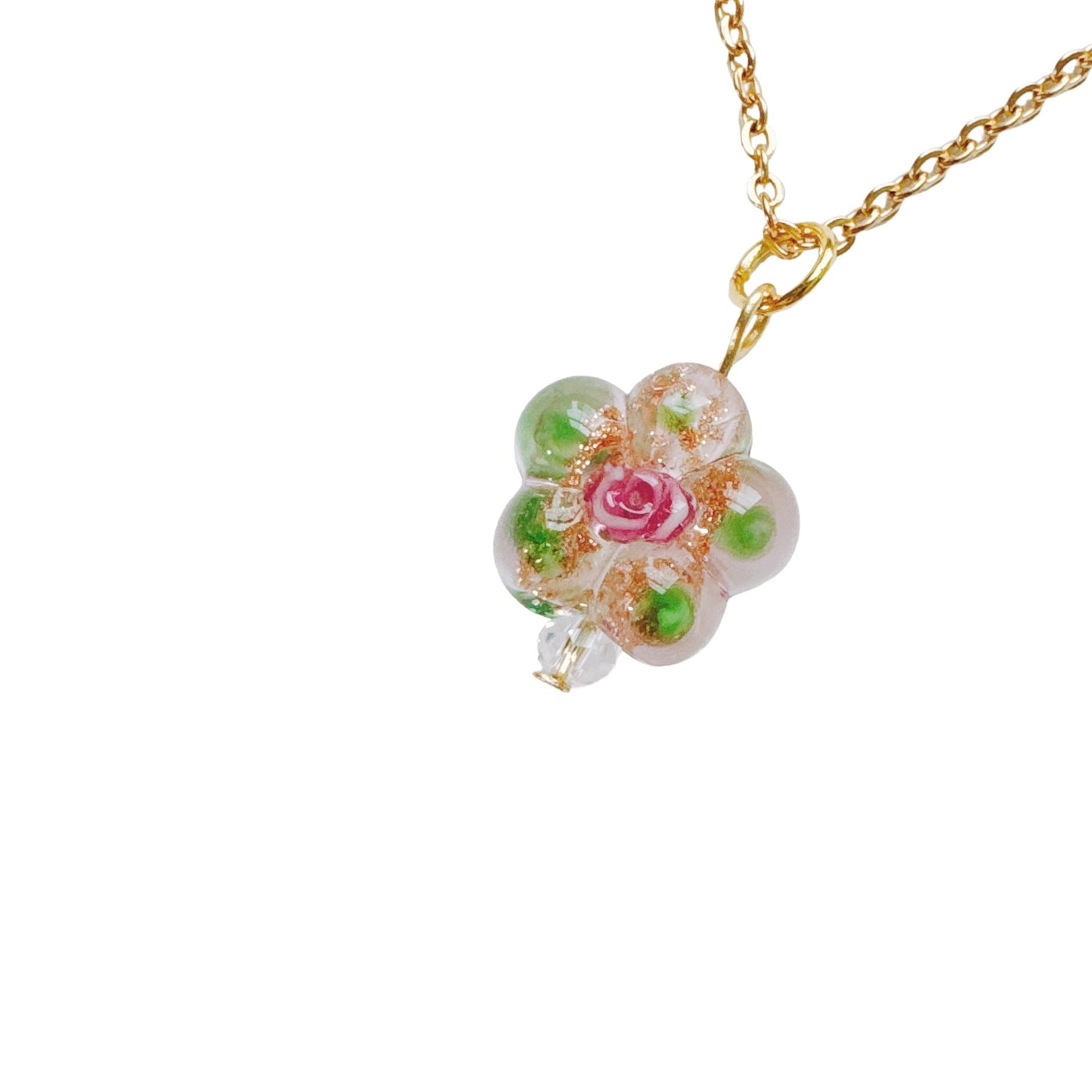 Gold Pink Glass Flower Necklace