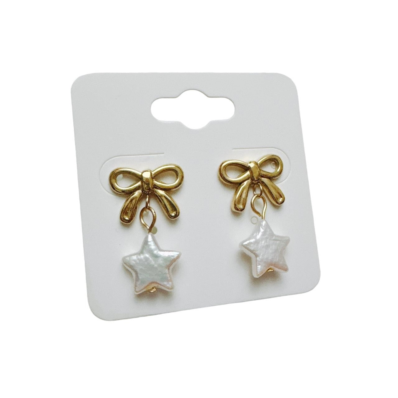 Gold Bow & Pearl Star Earrings