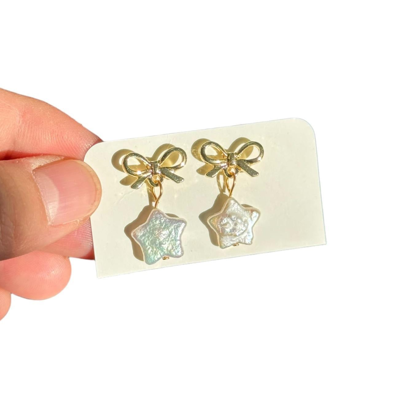 Gold Bow & Pearl Star Earrings