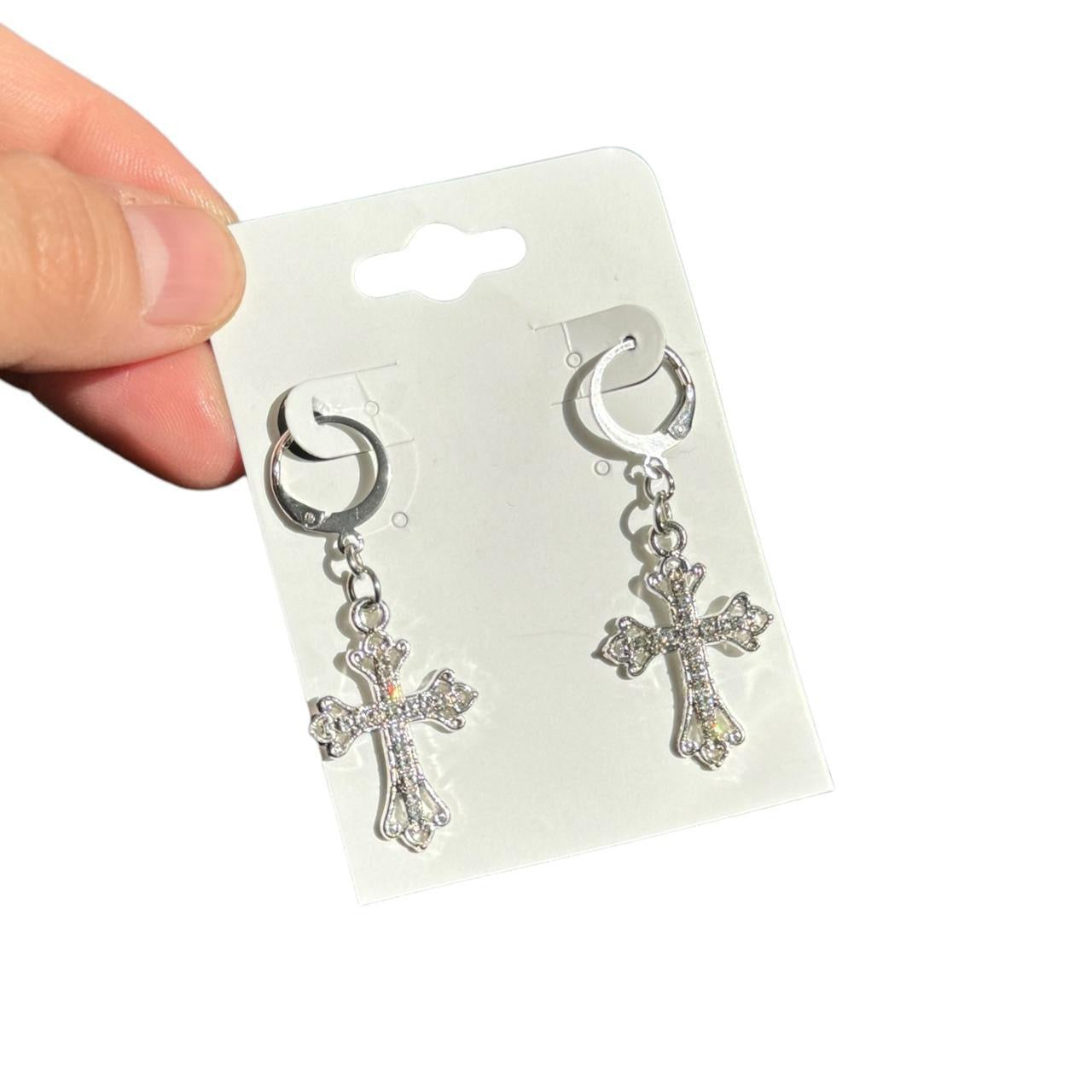 Silver Rhinestone Cross Earrings