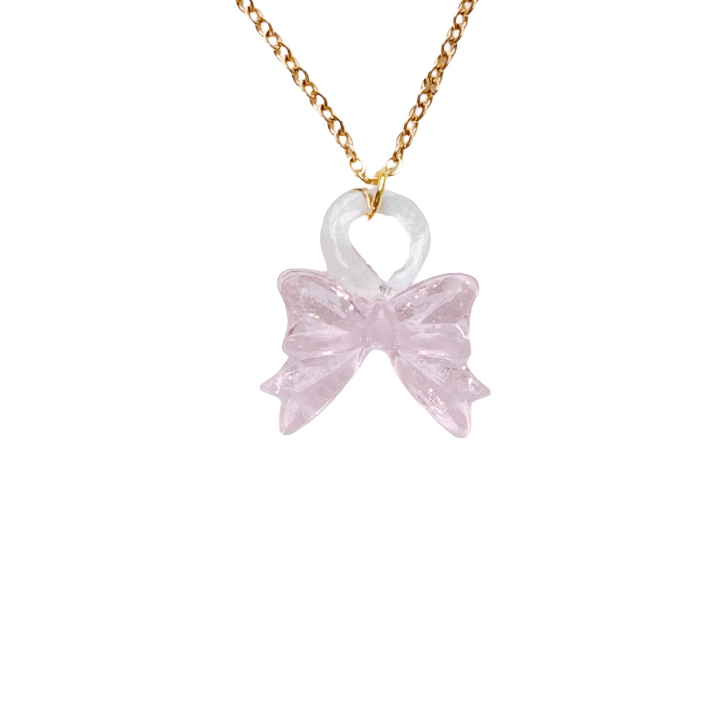 Gold Pink Glass Bow Necklace