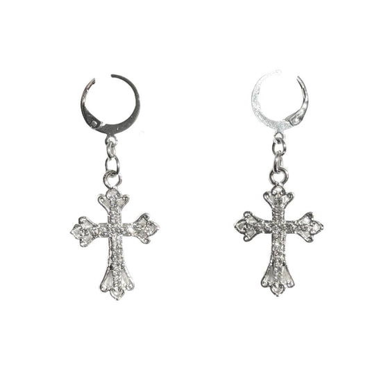 Silver Rhinestone Cross Earrings