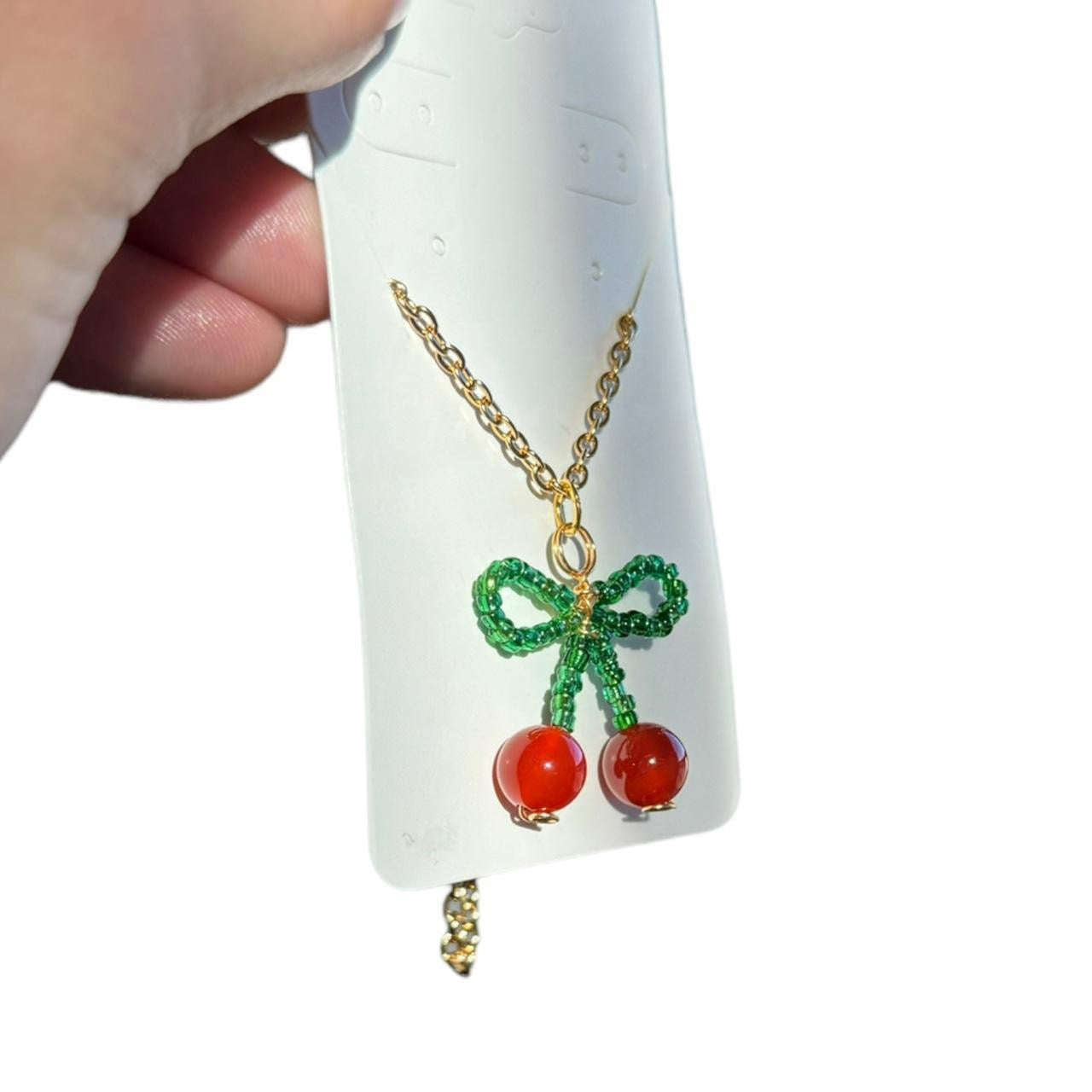 Beaded Cherry Bow Necklace