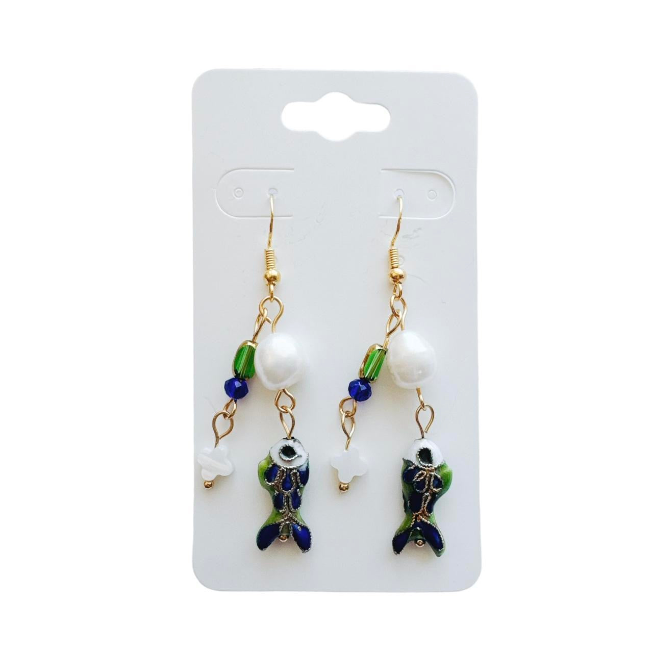 gold beaded fish earrings - blue