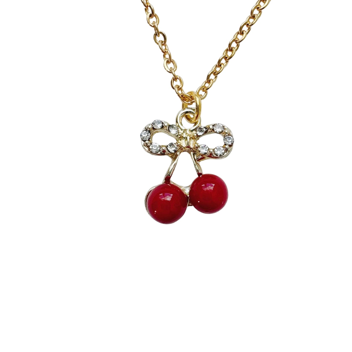 Gold Rhinestone Cherry Bow Necklace