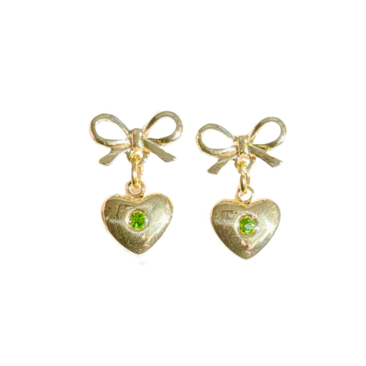 Gold Bow & Green Rhinestone Heart Earrings