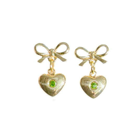 Gold Bow & Green Rhinestone Heart Earrings