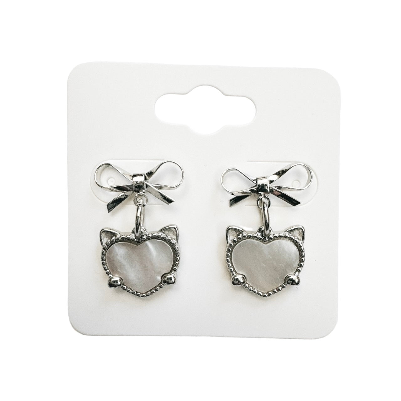 silver bow & cat shell heart earrings