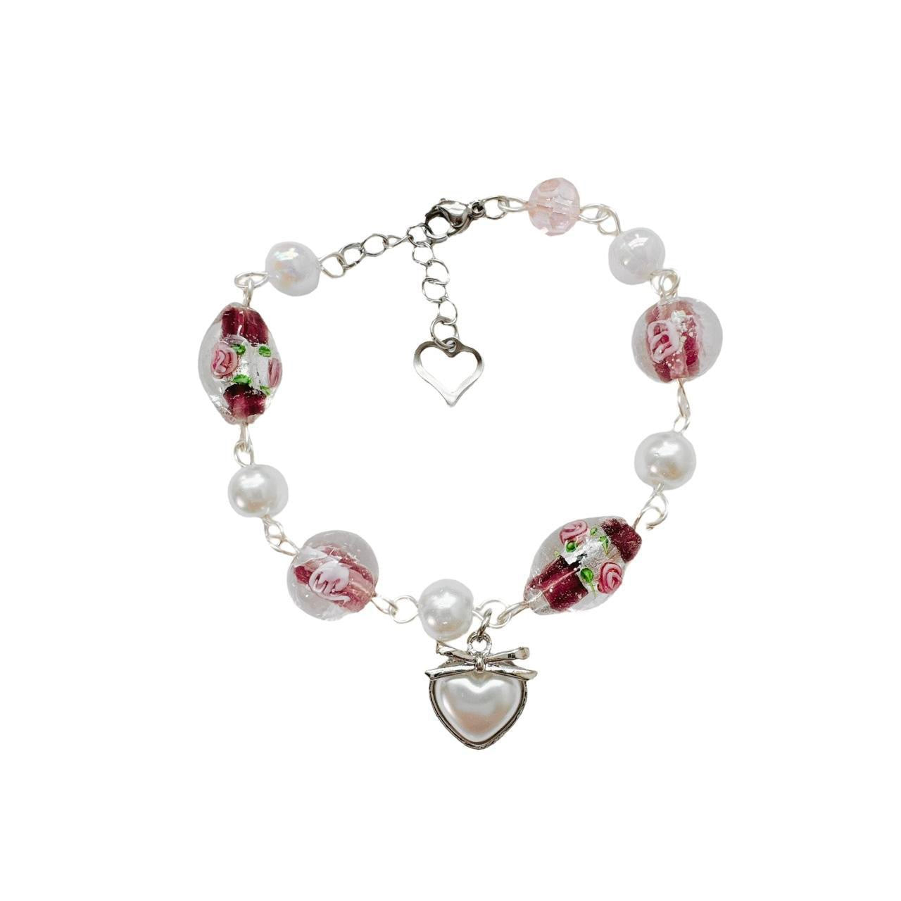 Floral Pearl Heart Charm Bracelet