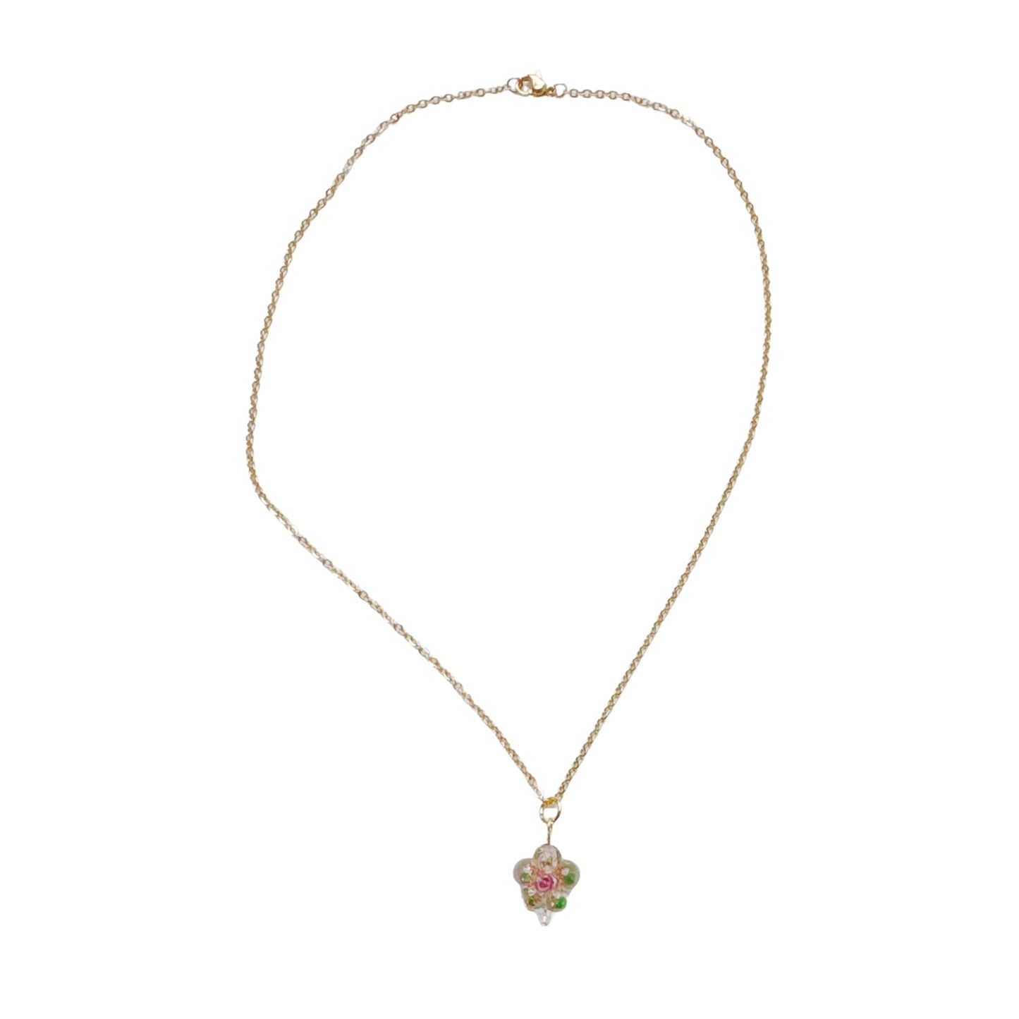 Gold Pink Glass Flower Necklace