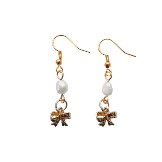 gold pearl bow dangle earrings