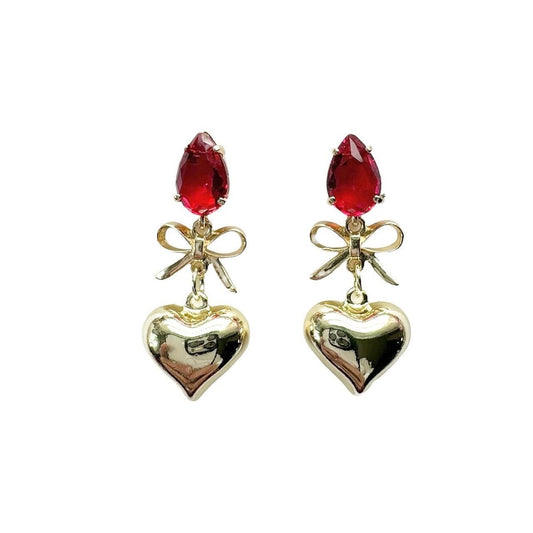 Red & Gold Bow & Heart Earrings